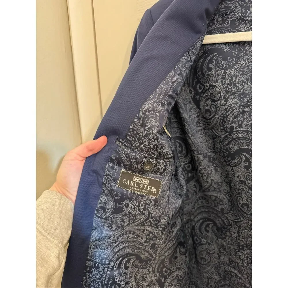 Carl Sterr Loro Piana Italy 100% Wool Navy Blue Blazer Size 38R Plaid Check